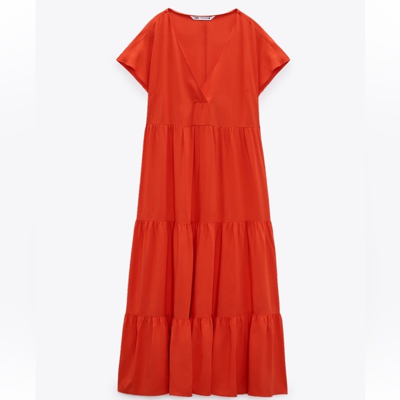 Zara Tiered Ruffle Midi Dress V Neck - Picture 2 of 4